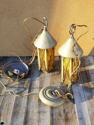 Set Of 2 Vintage Antique Brass Amber Hanging Porch Lantern Coach Mission Light
