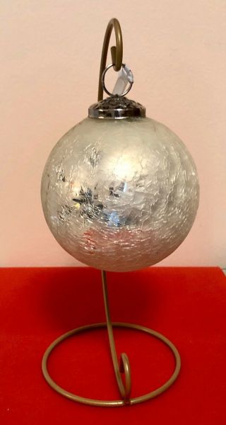 Vintage Kugel Style Silver Crackle Glass Christmas 12 1/4 In Diam.  Snowflake