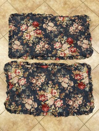 Set Of 2 Ralph Lauren Chadwick Floral Ruffled King Size Pillow Shams Ocean Wash
