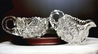 Antique American Brilliant Abp Hand Cut Glass Open Sugar Bowl And Creamer Set