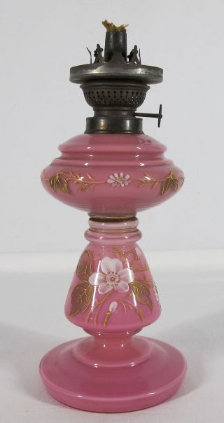 Antique German Pink Cased Glass Enamel Florals Oil Lamp Kosmos Burner Nr Yqz