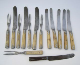 14 Pc Antique Bone Handle Three Tine Forks & Knives Civil War Era W Pewter Inlay