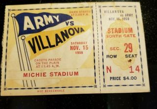 1958 Army Vs Villanova Ticket Stub