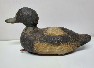 Vintage Carved Painted Wood Duck Decoy With Glass Eyes; Lead Weight