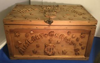 Antique Folk Art Box Primitive Sewing Chest Hand Made & Carved Christmas Gift Vg