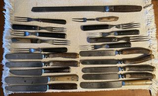 Antique Civil War Era 21 Forks Knives Cutlery Flatware Pewter Bone Wood Horn