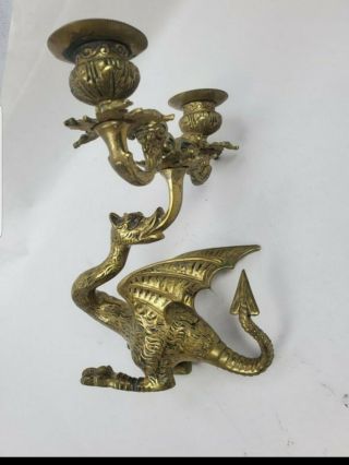 Antique Solid Brass Dragon Double Candle Holder Candelabra Vintage Rare Old Asia