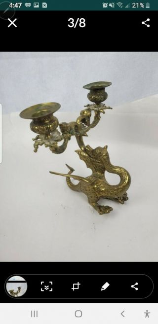 ANTIQUE SOLID BRASS DRAGON DOUBLE CANDLE HOLDER CANDELABRA VINTAGE RARE OLD ASIA 3