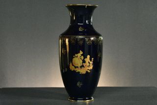 Antique Cobalt Blue Limoges Porcelain Vase 22k Gold Overlay -