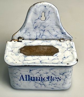 Antique Enamel Ware Graniteware Match Box Allumettes French Wall Match Safe