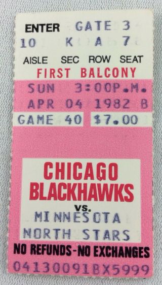 Nhl 1982 04/04 Minnesota North Stars At Chicago Blackhawks Hockey Ticket Stub