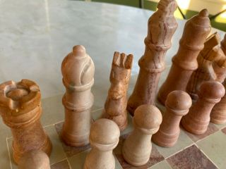 Antique Soapstone? Pipe Stone? 14 " Chess Set From Kenya - Brown & Cream Carved