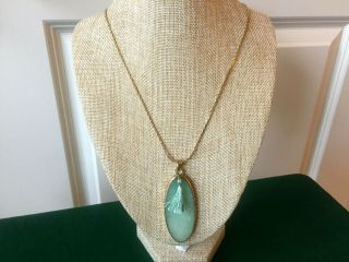 Vintage Faux Light Green Jade Pendant Long Necklace