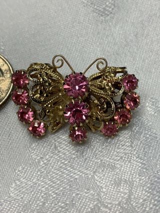 A36 - Vintage Filigree Pink Rhinestones Butterfly Brooch Pin Gold Tone Pretty