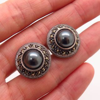 925 Sterling Silver Vintage Judith Jack Real Marcasite & Faux Pearl Earrings