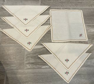 Vintage Set Of 6 Formal Off White Linen Embroidered Floral 10 X 10 Napkins