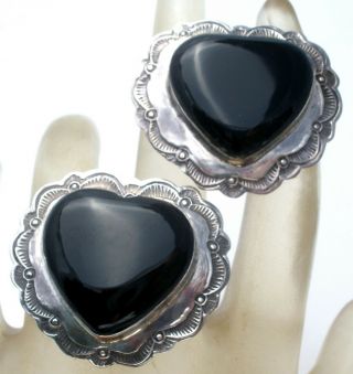 Black Onyx Sterling Silver Heart Earrings Vintage Clip On Jewelry Gemstones 925