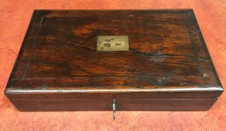 Antique Wooden Drafting Box With Lock,  Key,  And Instruments