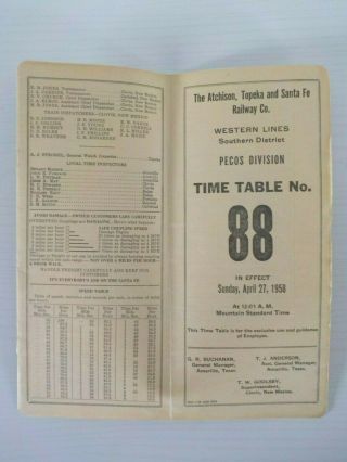 1958 At&sf Atchison,  Topeka And Santa Fe Employees Time Table Pecos Division 88