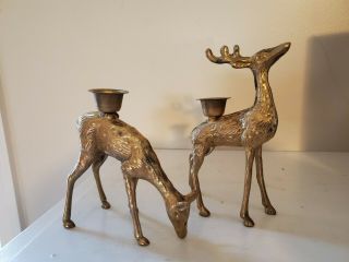 Vintage Set Solid Brass Deer Stag Buck And Doe Candle Holders