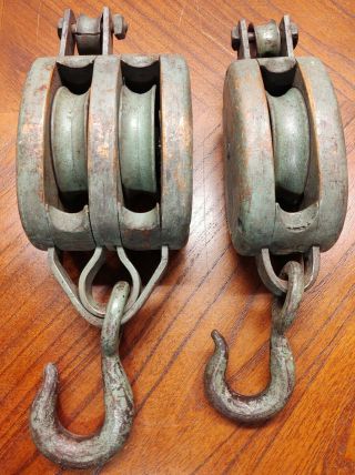 (2) Vintage Block & Tackle Antique Wooden Hook Pulleys With Green Paint