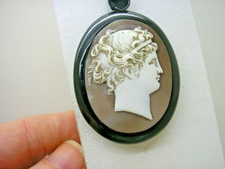 Antique Whitby Jet & Carved Shell Cameo Pendant On Black Ribbon
