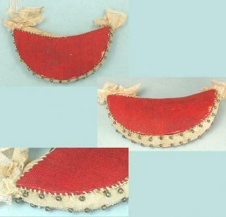 Antique Handmade Silk Crescent Pin Cushion W/ Early Handmade Pins Circa 1800