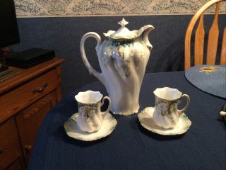 Antique Rs Prussia Porcelain Chocolate Pot 2 Cups/saucers