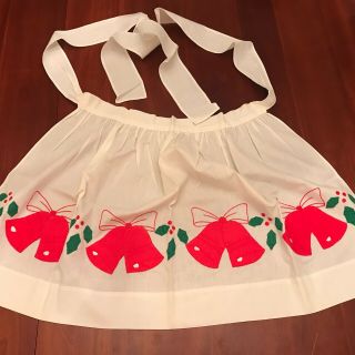 Vintage Christmas Half Apron White Cotton With Red Bells And Green And Red Holly