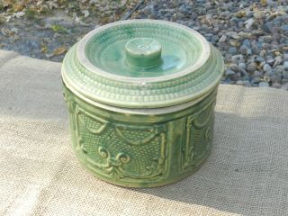 Rare Antique Green Mccoy Stoneware Large Butter Crock Bowl W/ Lid Yellow Ware
