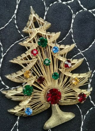 Vintage Signed Brooks Christmas Tree Harp Pin Goldtone,  Multi - Color Rhinestones