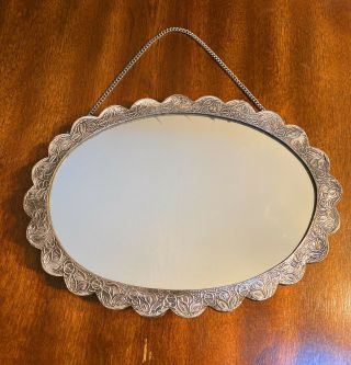 Vintage Wall Mirror / Silver Plated Ornate Wall Mirror On Chain 10 " X 7 " - Heavy
