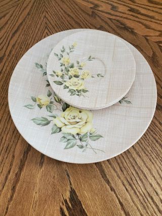 Vintage Texas Ware Melamine 4 - 10 " Dinner Plates & 3 - 6 " Saucers Yellow Rose