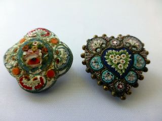 Set Of 2 Vintage Antique Italian Micro Mosaic Floral Flowers Pin / Brooch