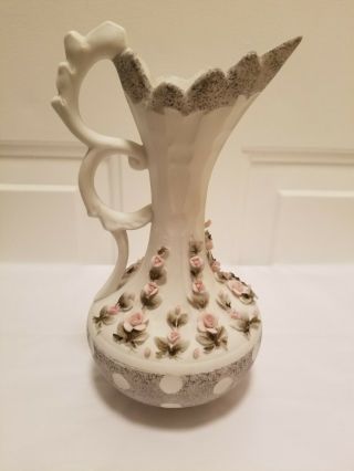 Vintage Lefton Porcelain China Vase W/ 3d Pink Roses & Grey Circle Design
