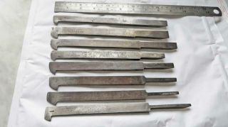 Antique Set Of 8 Laminated Snecked Plough Plane Irons,  Good Makers,  Old Tool