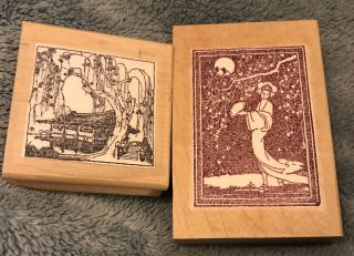 Vintage Rubber Stamps Geisha With Moon,  Pagoda