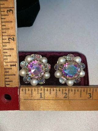 Vintage Large Rhinestone Pearl Crystal Clip Earrings Gold Tone Bling Drag Queen