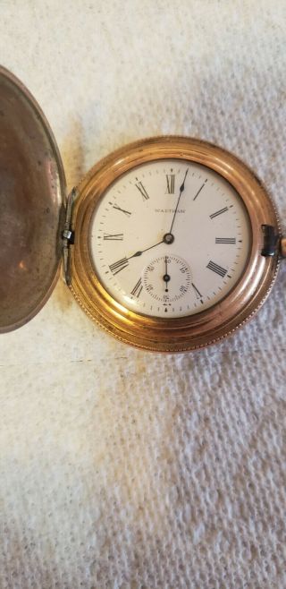 Antique Waltham Full Hunter Yellow Gold Gold Filled Seaside Pocket Watch