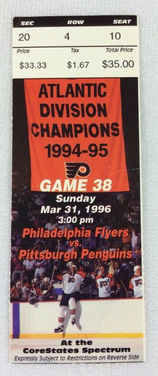 Nhl 1996 03/31 Pittsburgh Penguins At Philadelphia Flyers Ticket Stub