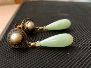 Antique Vintage Chinese Export Gilt Silver Pearl Jade Droplet Earrings
