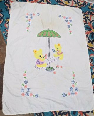 Vintage Baby Quilt Blanket Hand Applique & Embroidery Yellow Bears Umbrella