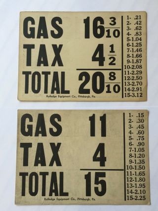 Two Double - Sided Visible Gas Pump Cardboard Price Signs 1940s