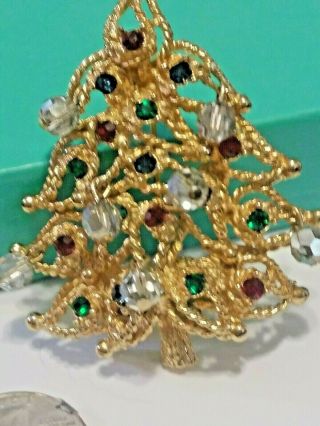 Vintage Christmas Tree Brooch Gold Tone Wirework Rhinestones