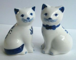 Vintage Cat Salt & Pepper Shakers - White Ceramic W Blue 2 5/8 " Kitten -