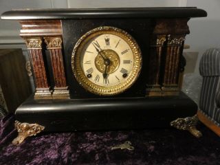Old Antique Vintage Sessions Mantle Clock Black,  Columns Scroll,  Key & Pendulum
