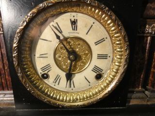 Old Antique Vintage Sessions Mantle Clock Black,  Columns Scroll,  Key & Pendulum 2