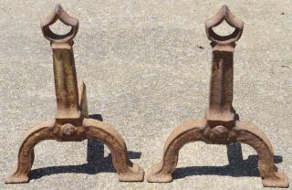 Antique American Cast Iron Fireplace Andirons Heavy Early 1900 