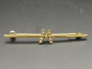 Antique Edwardian Art Nouveau 9 Carat Gold Seed Pearl W M Letter Bar Brooch 1.  5g