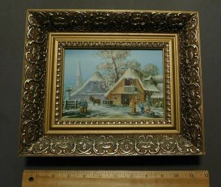 Vintage Gold Framed Country Snow Scene Christmas Oil On Board Painting